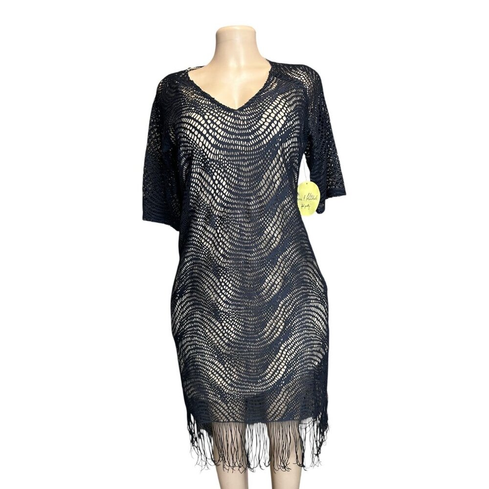K-139 Emma & Michele Medium Black Crochet Fringe Dress V-Neck Short Sleeve